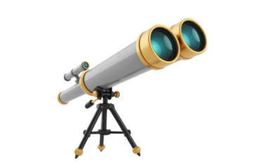 A 3D render of a classic refracting telescope on a tripod, ready for celestial observation. background removed