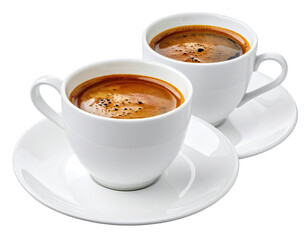 Obraz premium Two espresso coffees in white cups and saucers