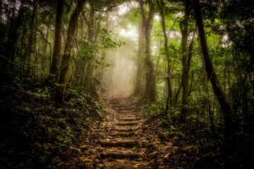 Obraz premium Misty forest path with stone steps (1)