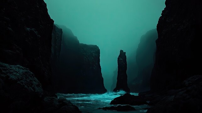 A moody coastal scene of dark, misty cliffs and a turquoise sea.