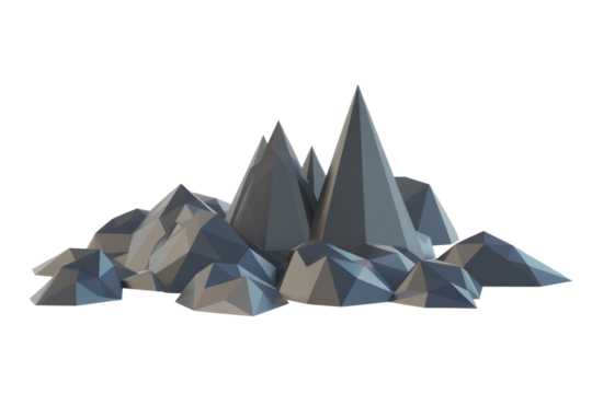 Low-poly 3D render of a mountain range with sharp peaks and a grey color palette. background removed