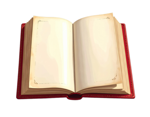 Open vintage book with blank pages.  Red leather cover, ornate design.  Cream colored pages.  Flat lay illustration