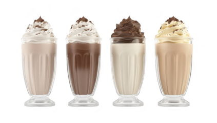 A visually appealing arrangement of four milkshakes in tall glasses. different flavors topped with whipped cream and chocolate shavings. set against a clean white background. ideal for food advertisin