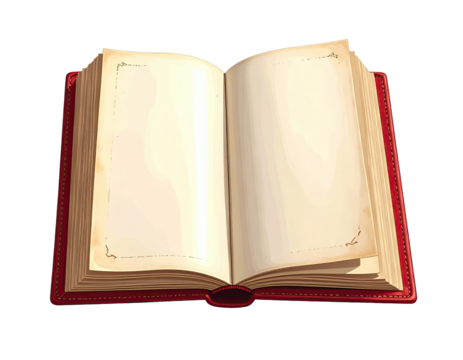 Open vintage book with blank pages.  Red leather cover, ornate design.  Cream colored pages.  Flat lay illustration