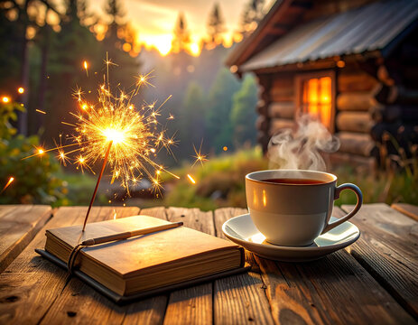 Cozy Evening with Sparkler and Coffee. - Powered by Adobe