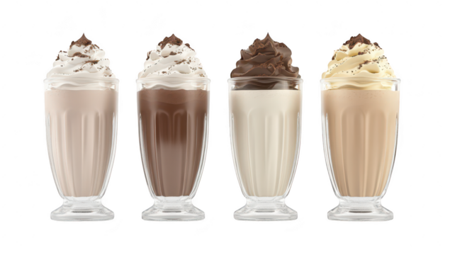 A visually appealing arrangement of four milkshakes in tall glasses. different flavors topped with whipped cream and chocolate shavings. set against a clean white background. ideal for food advertisin
