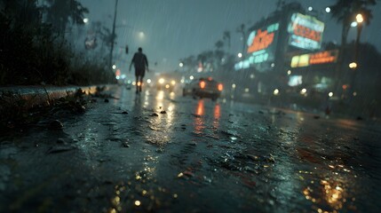 Obraz premium Rainy night city street scene with car lights and pedestrian walking away urban wet road reflection view 1