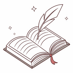 Illustration of an open book with a quill pen, the book is shown with a ribbon bookmark and sparkling details, suggesting creativity and writing