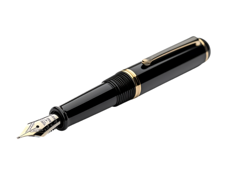Sleek black fountain pen with gold accents, featuring a classic design, smooth barrel, and fine nib