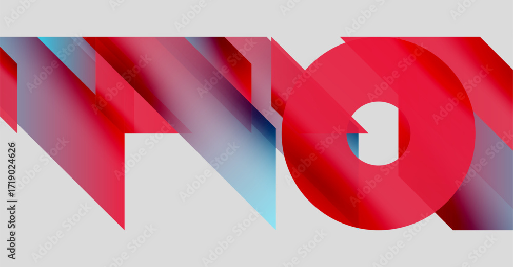Poster abstract design features vibrant red, blue gradients. overlapping shapes create dynamic visual impac