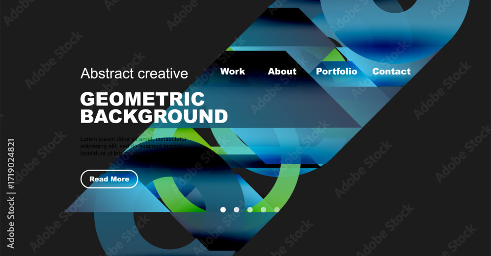 Poster website mockup displays abstract geometric background. navigation includes work, about, portfolio, c
