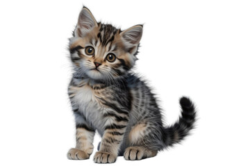 Adorable tabby kitten sitting, looking directly at the camera, with fluffy fur and expressive eyes. background removed