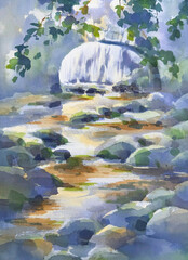 A waterfall and arched bridge by the river watercolor background