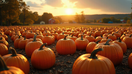 Pumpkin field embodying nostalgic rural idyll where autumn peace combines with anticipation of Halloween celebration. Halloween.