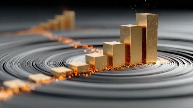 Golden histogram representing business growth and financial success, with glowing particles tracing a path of progress on a dark, concentric background, symbolizing investment and increasing profit