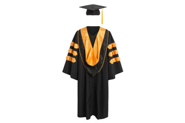Black graduation gown and cap with gold accents, signifying academic achievement and commencement. background removed