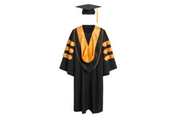 Black graduation gown and cap with gold accents, signifying academic achievement and commencement. background removed