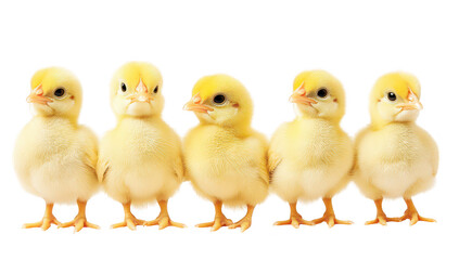 A charming lineup of five fluffy yellow chicks standing closely together against a clean white background. their adorable features and playful nature. ideal for animal-themed projects