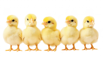 A charming lineup of five fluffy yellow chicks standing closely together against a clean white background. their adorable features and playful nature. ideal for animal-themed projects