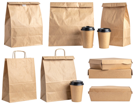 Assorted disposable food containers and bags