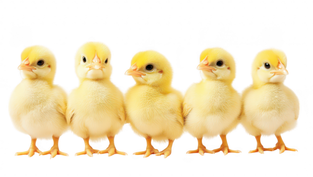 A charming lineup of five fluffy yellow chicks standing closely together against a clean white background. their adorable features and playful nature. ideal for animal-themed projects