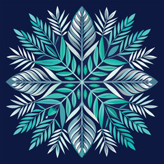 Symmetrical teal and silver leaf pattern mandala on dark blue background
