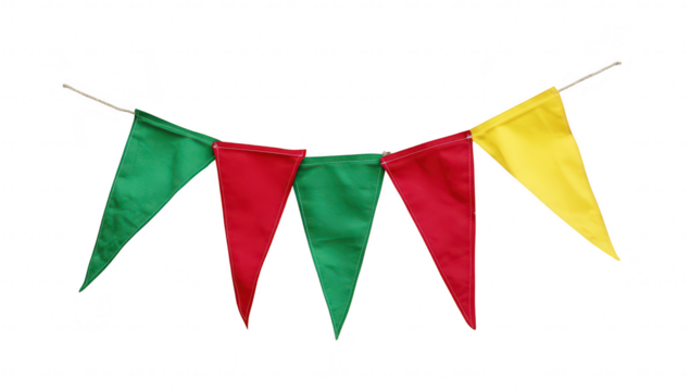 Colorful triangular fabric pennants in red. green. and yellow arranged in a festive pattern. ideal for decorating events or celebrations. set against a clean white background