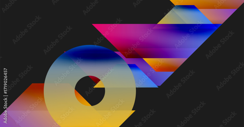 Poster abstract geometric shapes, vibrant colors, gradients, overlapping layers create dynamic composition.