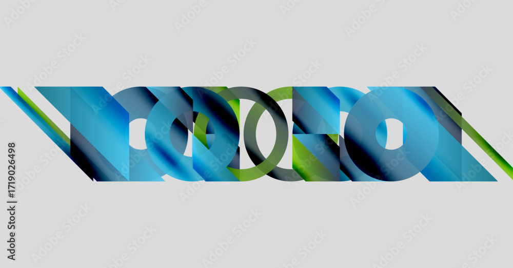 Poster abstract graphic design features overlapping shapes, blue tones dominate, creating dynamic visual ef