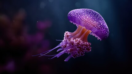 vibrant purple jellyfish with white polka dots drifts gracefully in dark blue water its delicate tentacles trailing behind