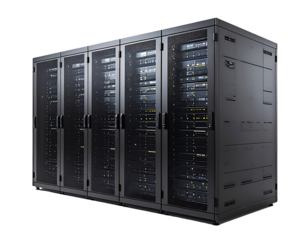 Four dark gray server racks, glass-fronted, filled with glowing hardware, in a darkened room