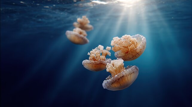 Group of orange and white jellyfish floating in deep blue ocean water with sunbeams piercing  surface