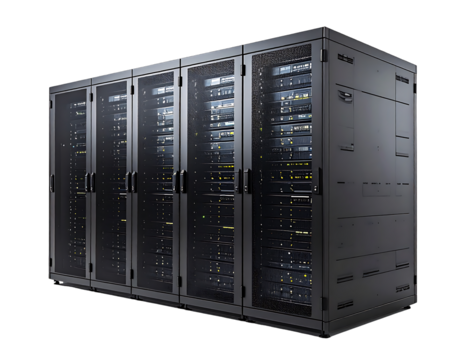 Four dark gray server racks, glass-fronted, filled with glowing hardware, in a darkened room