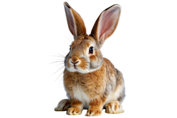 Adorable brown rabbit with long ears, sitting and looking at the camera. background removed