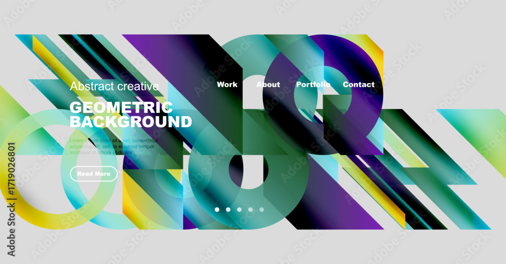Poster vibrant abstract geometric background. modern design features flowing shapes, text overlays, navigat