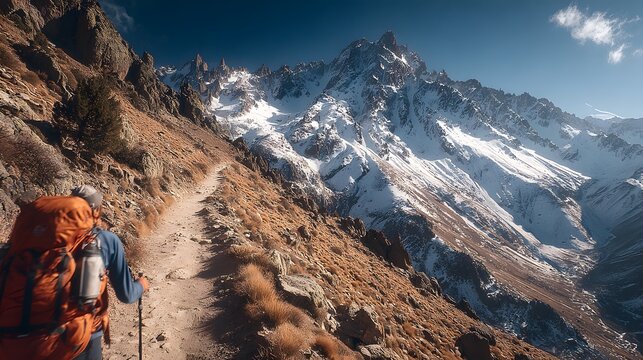 Mountain hiking adventure: exploring snowy peaks and scenic trails with a backpack and trekking poles