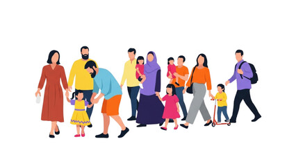 Fototapeta premium Flat Vector Diverse People Walking – Minimalist Family and Community Illustration in Modern Graphic Style