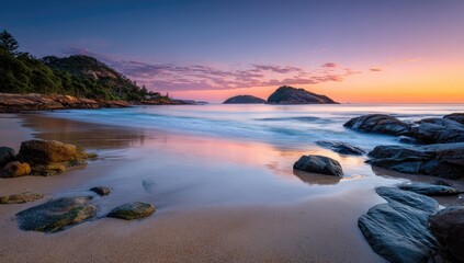 Naklejka premium Serene sunrise over tranquil beach
