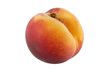 A single, ripe peach with a reddish-pink skin and yellow flesh, isolated on a transparent background. background removed