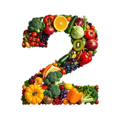 Digit "2" formed from various fresh fruits and vegetables