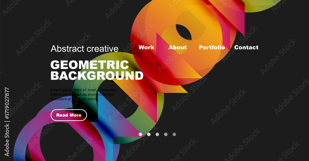 Poster colorful abstract shapes dominate dark background. website header includes navigation options, text 