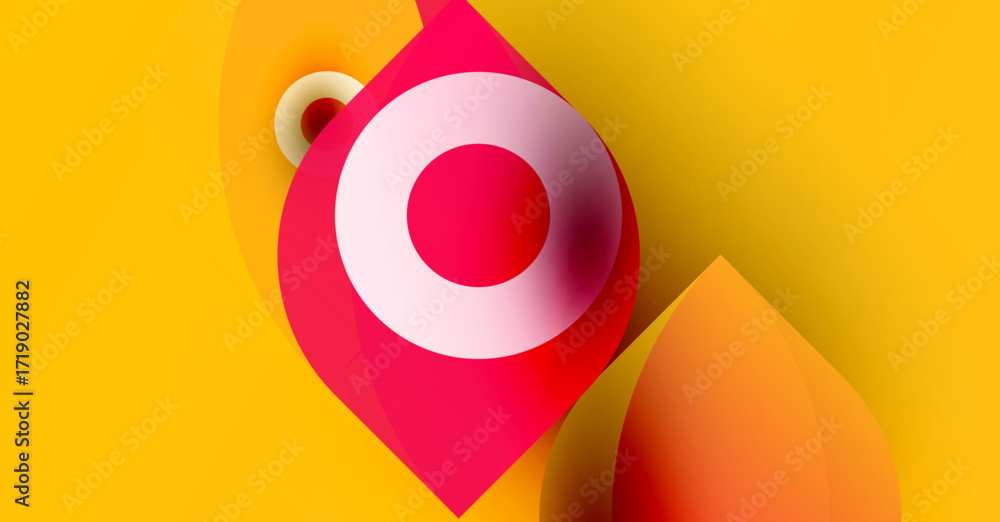 Poster abstract design features vibrant pink, yellow shapes. concentric circles create focal point against 