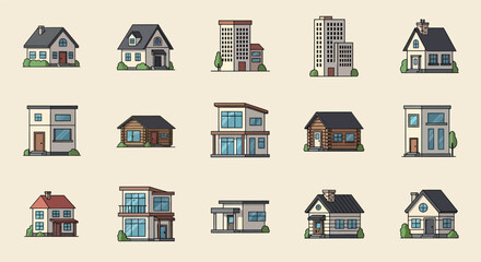 Collection of various house and building illustrations.