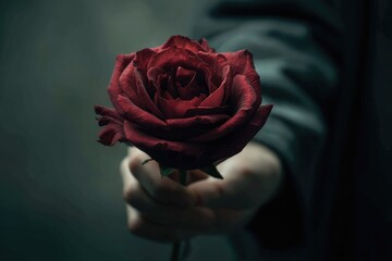 A hand offers a single dark red rose