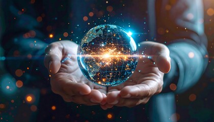 Hands cradling a glowing digital globe, symbolizing global connection
