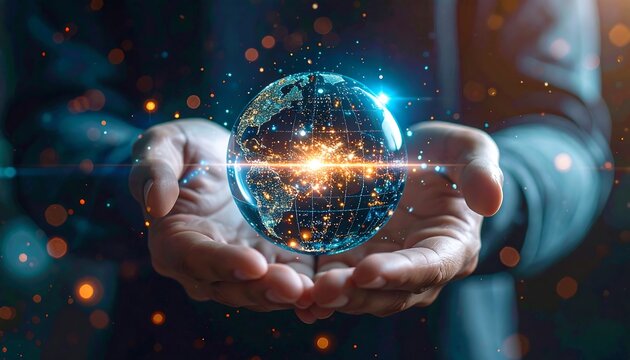 Hands cradling a glowing digital globe, symbolizing global connection