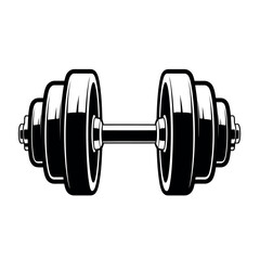Vector illustration of a black and white illustration of a barbell with weight plates on each side, isolated on a