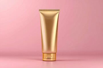 Gold tube on pink background, cosmetic packaging