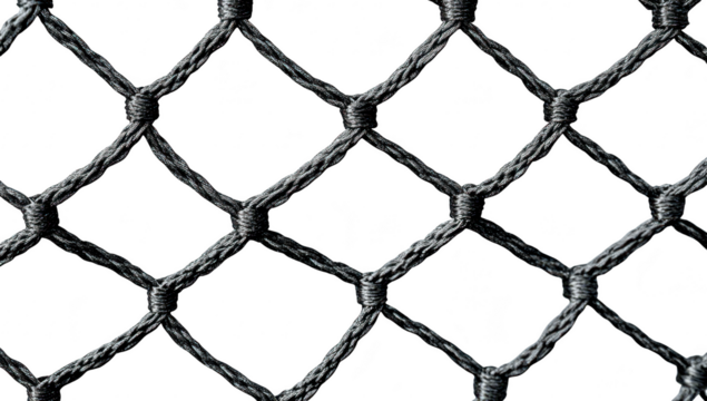 A close-up view of a textured black netting against a white background. the intricate weave and knots. ideal for use in design. textile. or sports-related projects