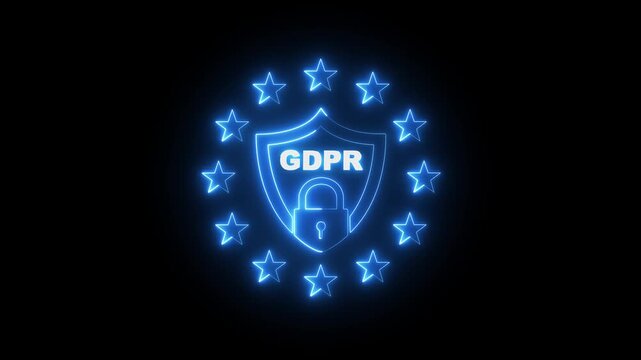 glowing neon EU GDPR icon animation. GDPR icon background animation. General data protection regulation sign with Eu stars around text. GDPR abstract motion design. Privacy alert.